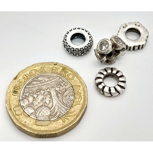 851 - 4 X PANDORA STERLING SILVER SPACER CHARMS 2 STONE SET AND 2 PLAIN 5.1G TOTAL WEIGHT. Ref: SC 8030