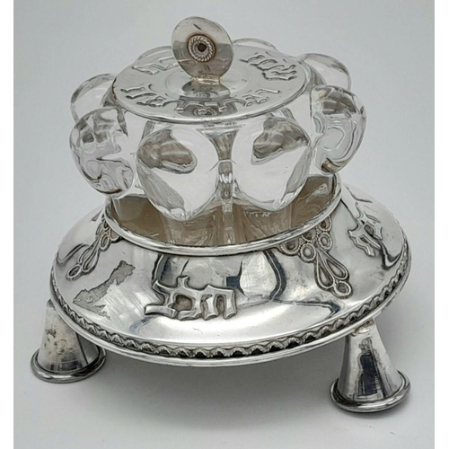 1282 - An Israeli Sterling Silver and Cut Glass Celebratory Honey Pot. Decorated with ornate Hebrew calligr... 