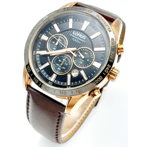 1281 - A Lorus Chronograph Quartz Gents Watch. Brown leather strap. Gilded case - 45mm. Black dial with thr... 