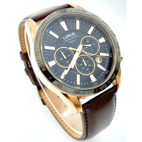 1281 - A Lorus Chronograph Quartz Gents Watch. Brown leather strap. Gilded case - 45mm. Black dial with thr... 