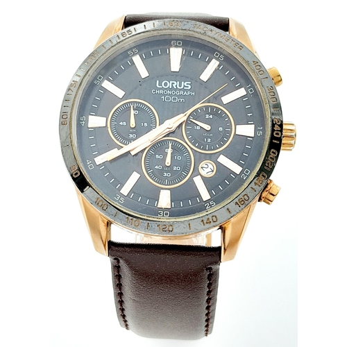 1281 - A Lorus Chronograph Quartz Gents Watch. Brown leather strap. Gilded case - 45mm. Black dial with thr... 