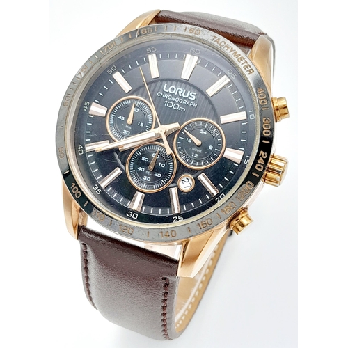 1281 - A Lorus Chronograph Quartz Gents Watch. Brown leather strap. Gilded case - 45mm. Black dial with thr... 