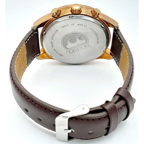 1281 - A Lorus Chronograph Quartz Gents Watch. Brown leather strap. Gilded case - 45mm. Black dial with thr... 