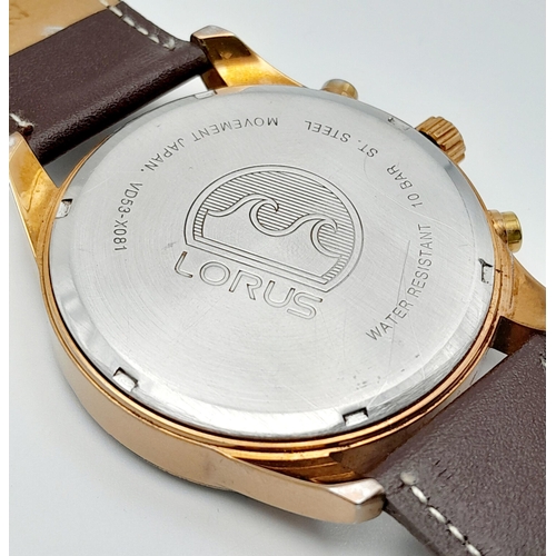 1281 - A Lorus Chronograph Quartz Gents Watch. Brown leather strap. Gilded case - 45mm. Black dial with thr... 