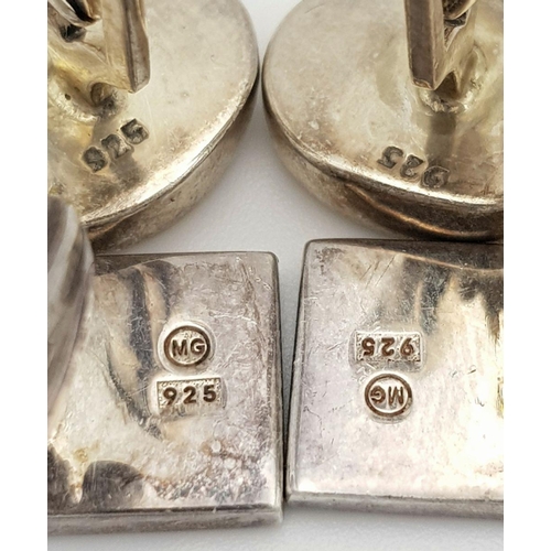 1290 - Two Pairs of Solid Silver 925 Stylish Cufflinks, Total weight: 28.8 grams. In very good condition.