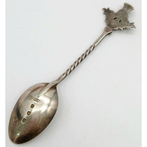 1292 - An antique sterling silver souvenir Thistle spoon with curved handle. Full Edinburgh hallmarks, 1918... 