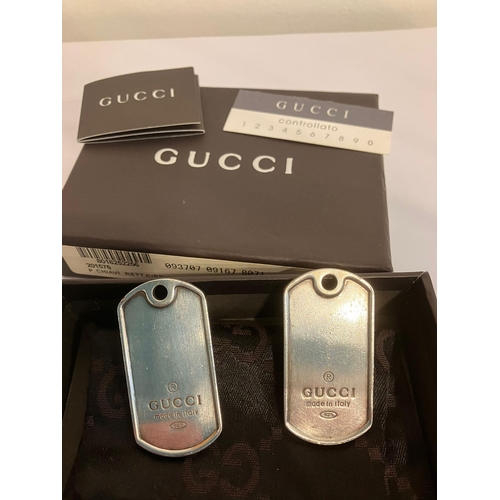 117 - Genuine GUCCI SILVER DOG TAG PENDANTS. 2 x Heavy Silver Gucci Dog Tags complete with original pouch ... 