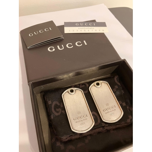 117 - Genuine GUCCI SILVER DOG TAG PENDANTS. 2 x Heavy Silver Gucci Dog Tags complete with original pouch ... 