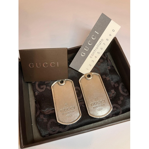 117 - Genuine GUCCI SILVER DOG TAG PENDANTS. 2 x Heavy Silver Gucci Dog Tags complete with original pouch ... 