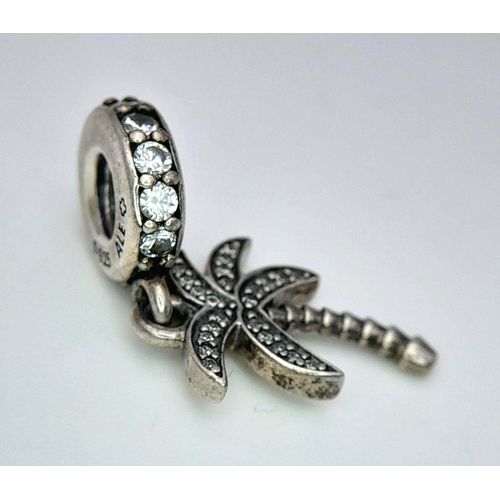 879 - A PANDORA STERLING SILVER STONE SET PALM TREE DANGLE CHARM 2.6G TOTAL WEIGHT, 2.5CM x 1CM. Ref: SC 8... 