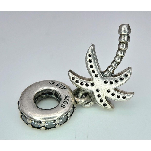 879 - A PANDORA STERLING SILVER STONE SET PALM TREE DANGLE CHARM 2.6G TOTAL WEIGHT, 2.5CM x 1CM. Ref: SC 8... 
