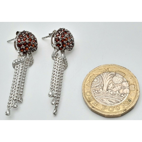 936 - A Pair of Sterling Silver Garnet and White Topaz Set Pendulum Design Stud Earrings. 4cm Drop. 1.2cm ... 