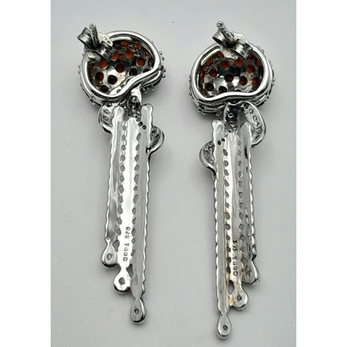 936 - A Pair of Sterling Silver Garnet and White Topaz Set Pendulum Design Stud Earrings. 4cm Drop. 1.2cm ... 