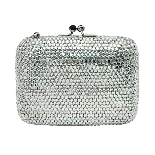 150 - A Judith Leiber Silver Rhinestone Mini Clutch Bag. Silver-tone rhinestone exterior with matching sil... 