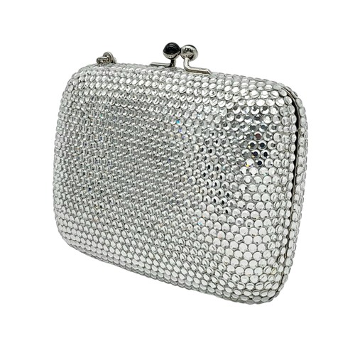 150 - A Judith Leiber Silver Rhinestone Mini Clutch Bag. Silver-tone rhinestone exterior with matching sil... 