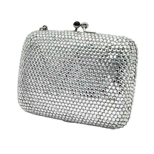 150 - A Judith Leiber Silver Rhinestone Mini Clutch Bag. Silver-tone rhinestone exterior with matching sil... 