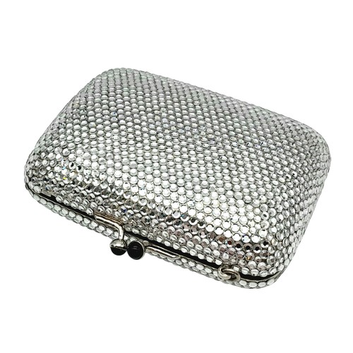 150 - A Judith Leiber Silver Rhinestone Mini Clutch Bag. Silver-tone rhinestone exterior with matching sil... 