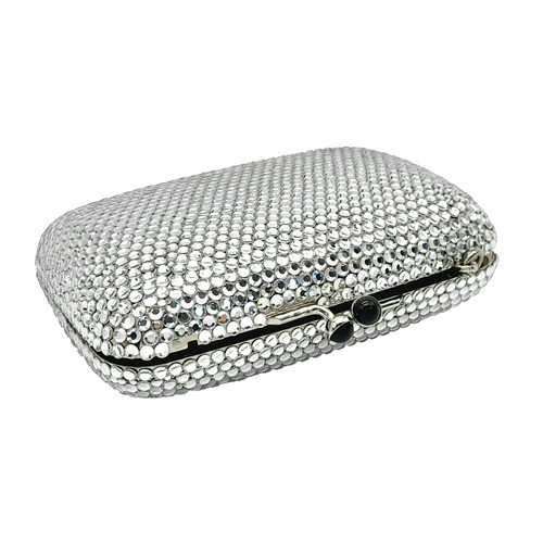 150 - A Judith Leiber Silver Rhinestone Mini Clutch Bag. Silver-tone rhinestone exterior with matching sil... 