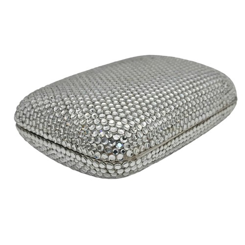 150 - A Judith Leiber Silver Rhinestone Mini Clutch Bag. Silver-tone rhinestone exterior with matching sil... 