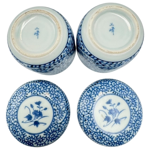 490 - A Pair of antique Chinese Blue and White Porcelain large Lidded Jars/tea bowls. Hand-painted floral ... 