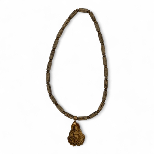 539 - An unique hand carved Agarwood Buddha Pendant on beaded Necklace. Agarwood beads in tubular and roun... 