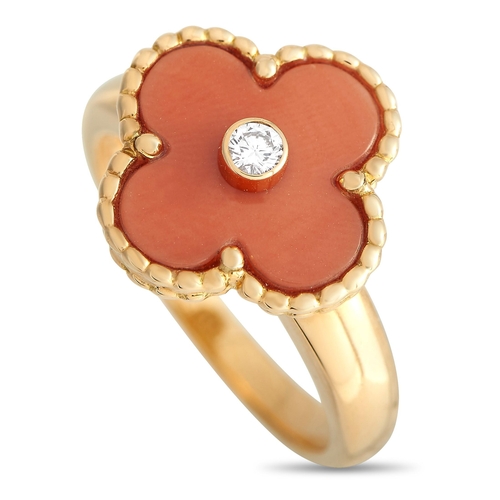 147 - A Van Cleef & Arpels Alhambra Diamond and Coral Ring. Van Cleef & Arpels Alhambra ring in yellow gol... 