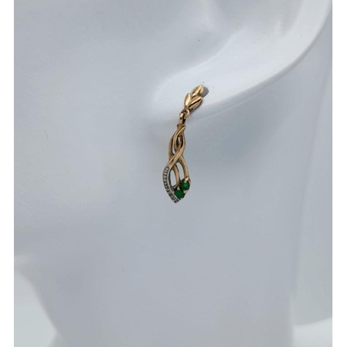 1305 - A Pair on 9 Carat Yellow Gold Diamond and Emerald Set Earrings-1.8cm Drop & 6mm Width- Gross Weight ... 