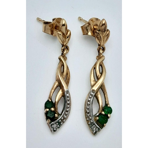 1305 - A Pair on 9 Carat Yellow Gold Diamond and Emerald Set Earrings-1.8cm Drop & 6mm Width- Gross Weight ... 