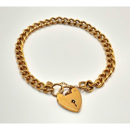 3 - A 9K Yellow Gold Curb Link Bracelet with Heart Clasp and Safety Chain. 17cm. 15.8g