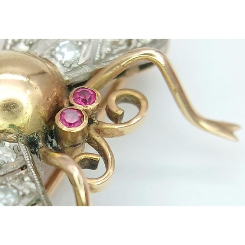 316 - An Antique 18K Yellow Gold, Diamond, Pearl and Ruby Insect Brooch. Diamond wingspan - 2.5cm. 4.2g to... 