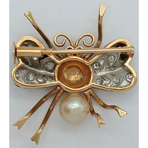 316 - An Antique 18K Yellow Gold, Diamond, Pearl and Ruby Insect Brooch. Diamond wingspan - 2.5cm. 4.2g to... 