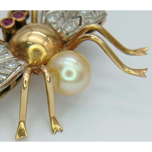 316 - An Antique 18K Yellow Gold, Diamond, Pearl and Ruby Insect Brooch. Diamond wingspan - 2.5cm. 4.2g to... 