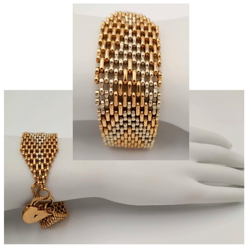 8 - A Brilliantly Crafted 9k Gold Bracelet. Woven effect links of yellow and rose gold with a heart clas... 