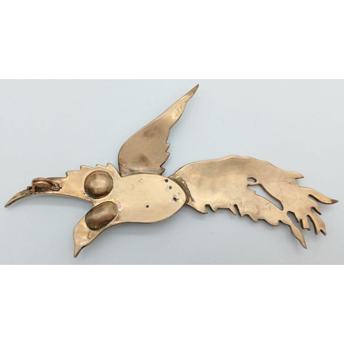 904 - An Antique 14K Gold and Silver Flying Bird Pendant with Diamond Decoration Throughout - and an Emera... 