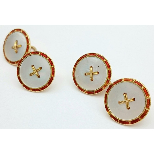 911 - A Vintage Pair of 18K Gold, Enamel and Mother of Pearl Cufflinks. 8.5g total weight.