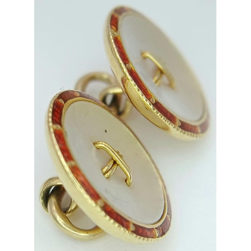 911 - A Vintage Pair of 18K Gold, Enamel and Mother of Pearl Cufflinks. 8.5g total weight.