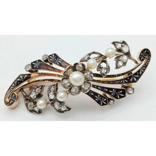 925 - An Antique French 18K Gold, Pearl, Enamel and Diamond Brooch. Spectacular piece. 5cm. 8.3g total wei... 