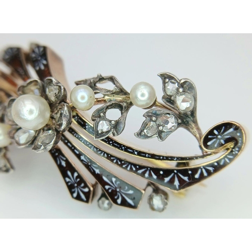 925 - An Antique French 18K Gold, Pearl, Enamel and Diamond Brooch. Spectacular piece. 5cm. 8.3g total wei... 