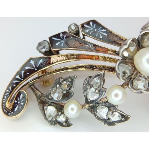 925 - An Antique French 18K Gold, Pearl, Enamel and Diamond Brooch. Spectacular piece. 5cm. 8.3g total wei... 