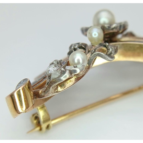 925 - An Antique French 18K Gold, Pearl, Enamel and Diamond Brooch. Spectacular piece. 5cm. 8.3g total wei... 