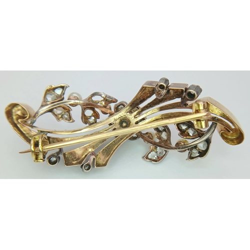 925 - An Antique French 18K Gold, Pearl, Enamel and Diamond Brooch. Spectacular piece. 5cm. 8.3g total wei... 