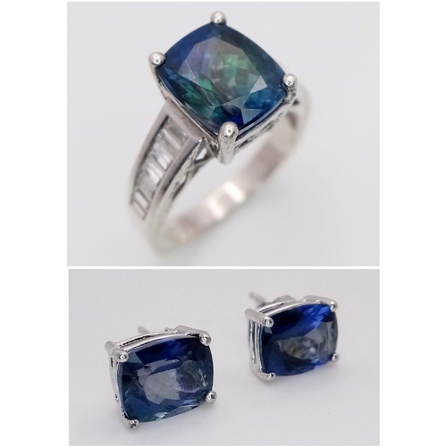 1087 - A Pair of Blue Stone Silver Stud Earrings with a Green/Blue Stone Silver Ring - Size T. Ref: STK0200... 