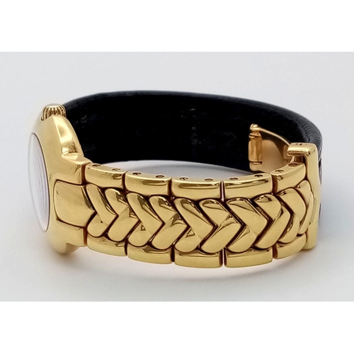 290 - A Versace 18K Gold Limited Edition Horology Quartz Ladies Watch. 18k gold and black leather bracelet... 