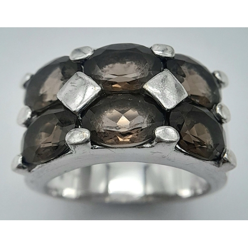 1144 - A Vintage Heavy Sterling Silver Smoky Quartz Set Ring Size P. The Ring Measures 1.2cm Wide at the Cr... 