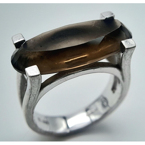 1158 - A 2009 Hallmarked Unisex Modernist Design Smoky Quartz Ring Size T. The Ring is Set with a 2.4cm Lon... 