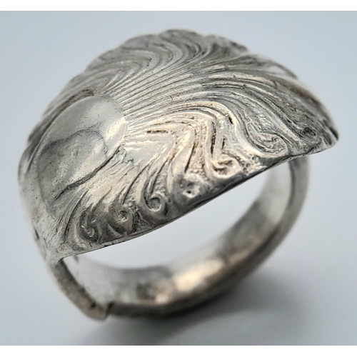 1165 - An Antique Silver ‘Spoon Handle’ Ring Size S. The Ring Measures 2.2cm Wide at the Crown and Weighs 1... 