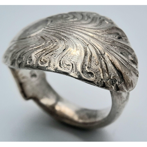 1165 - An Antique Silver ‘Spoon Handle’ Ring Size S. The Ring Measures 2.2cm Wide at the Crown and Weighs 1... 