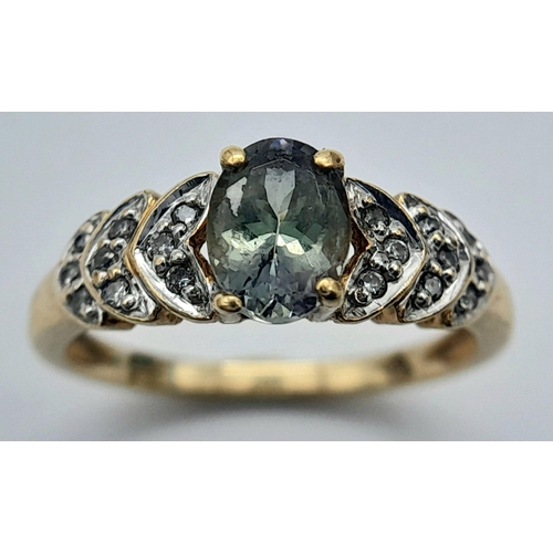 112 - Impressive 18 CARAT GOLD, AQUAMARINE and DIAMOND RING. Having three steps of DIAMONDS  to both Shoul... 