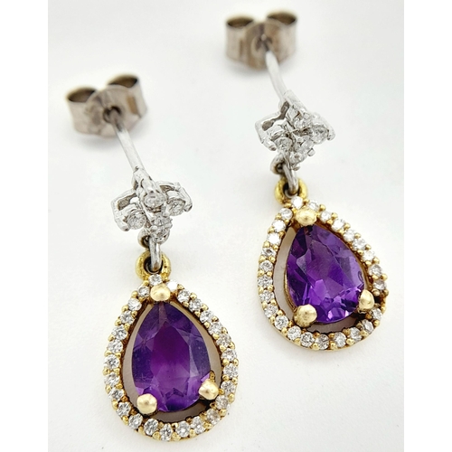 191 - A PAIR OF 18K 2 COLOUR GOLD DIAMOND & AMETHYST DROP EARRINGS. 2.85G TOTAL WEIGHT. 1.10CT. APPROX. 1.... 