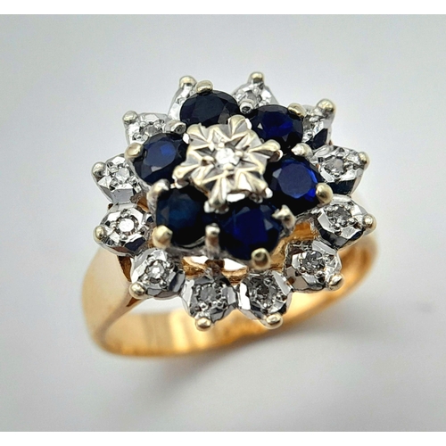 212 - A 9K YELLOW GOLD DIAMOND & SAPPHIRE CLUSTER RING. 4.55G IN WEIGHT. SIZE N. Ref: SC 1004